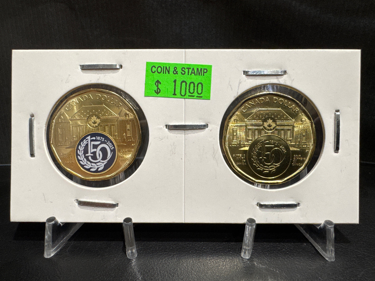 2025 150TH ANNIV OF THE SUPREME COURT OF CANADA IN CARDBOARD 2X2 COLOURED/UNCOLOURED LOONIE (2 PACK)