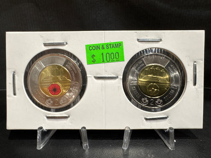 2025 HONOURING CANADA'S UNKNOWN SOLDIER IN CARDBOARD 2X2 COLOURED/UNCOLOURED TOONIE (2 PACK)