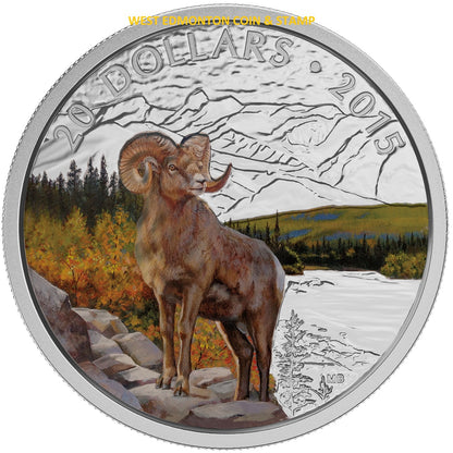 SALE - 2015 1oz $20 MAJESTIC ANIMALS - BIGHORN SHEEP FINE SILVER COIN (VERY TONED)