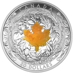 SALE - 2016 1oz $20 MAJESTIC MAPLE LEAVES WITH DRUSY STONE FINE SILVER COIN