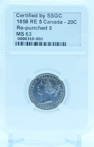 1858 20 CENT CANADA RE 5 RE-PUNCHED 5 – MS 63 – GRADED