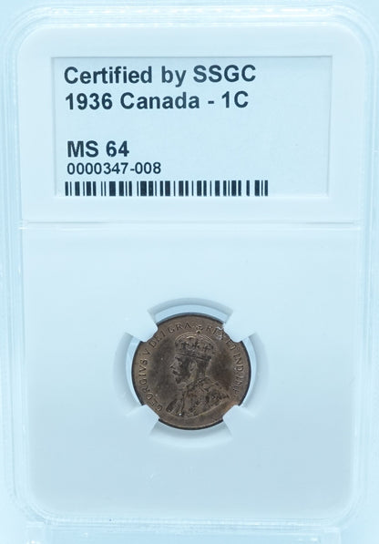 1936 1 CENT CANADA – MS 64 – GRADED (347-008)