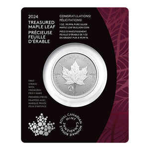 E-TRANSFER ONLY - 2024 $5 1oz PURE SILVER TREASURED SILVER MAPLE LEAF FIRST STRIKES: CONGRATULATIONS PRIVY MARK