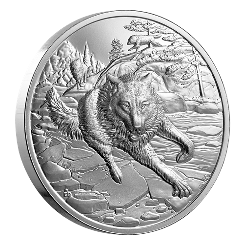 2025 1oz $20 ULTRA-HIGH RELIEF FINE SILVER COIN - GREAT HUNTERS: GREY WOLF