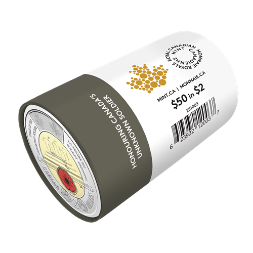 2025 2-DOLLAR HONOURING CANADA'S UNKNOWN SOLDIER COLOURIZED SPECIAL WRAP ROLL