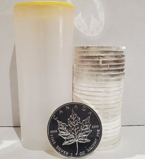 E-TRANSFER ONLY - TUBE OF 25 - 1OZ. CANADIAN MAPLE LEAF SILVER COIN - (RANDOM DATE) (BRAND NEW) (25oz total)