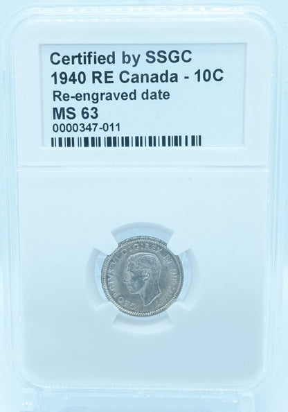 1940 10 CENT CANADA RE – RE-ENGRAVED DATE – MS 63 – GRADED (347-011)