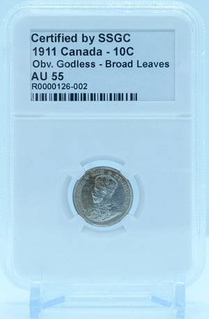 1911 10 CENT CANADA OBV. GODLESS – BROAD LEAVES – AU 55 - GRADED