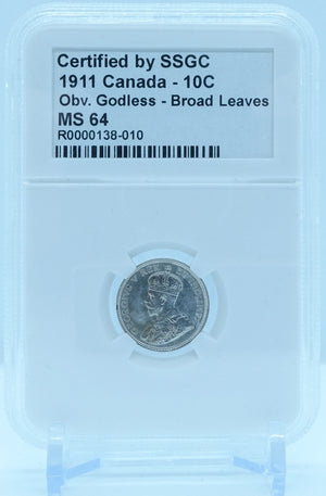 1911 10 CENT CANADA OBV. GODLESS – BROAD LEAVES – MS 64 - GRADED