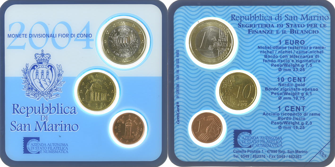 2004 €1, 10-CENT, & 1-CENT REPUBBLICA DI SAN MARINO 3-COIN SET