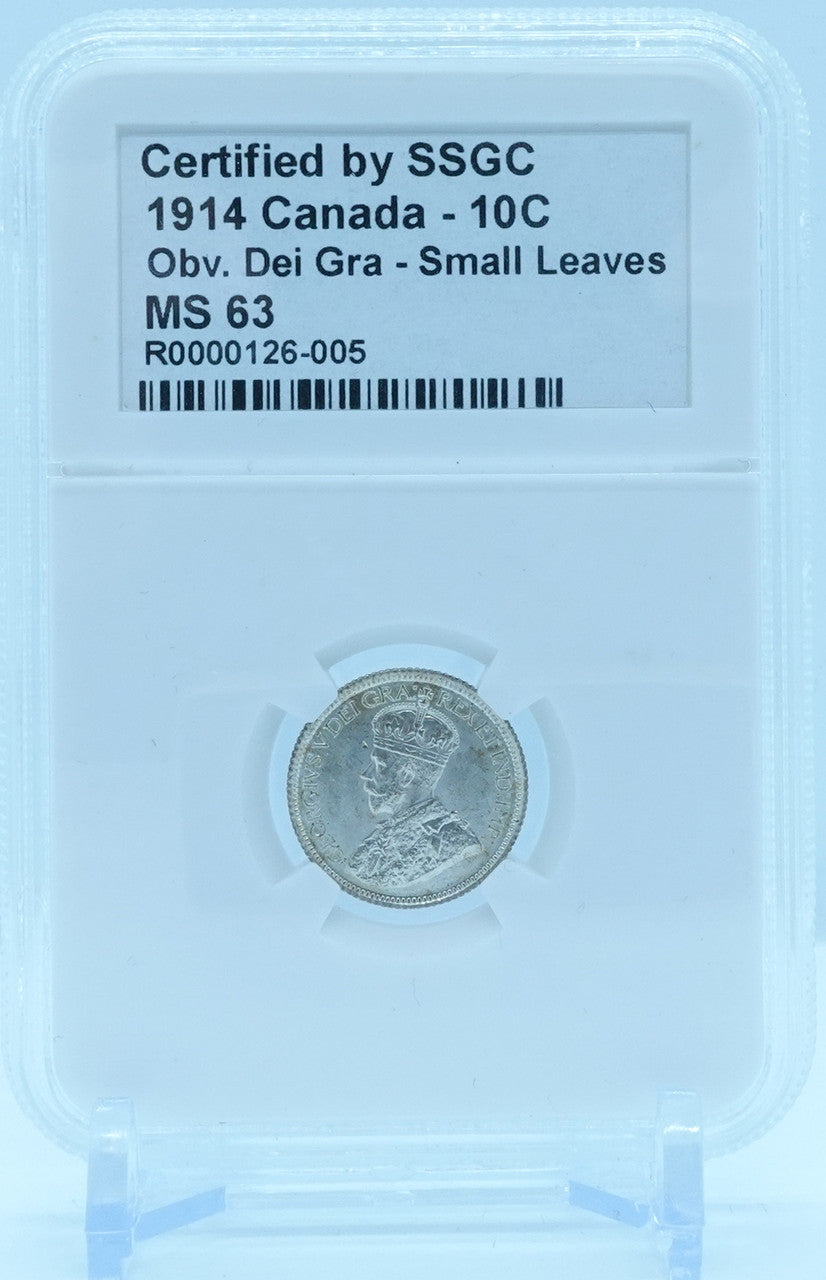1914 10 CENT CANADA OBV. DEI GRA – SMALL LEAVES – MS 63 - GRADED