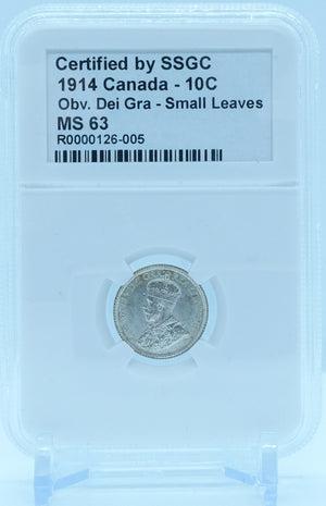 1914 10 CENT CANADA OBV. DEI GRA – SMALL LEAVES – MS 63 - GRADED