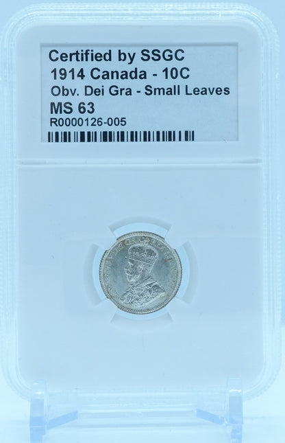 1914 10 CENT CANADA OBV. DEI GRA – SMALL LEAVES – MS 63 - GRADED