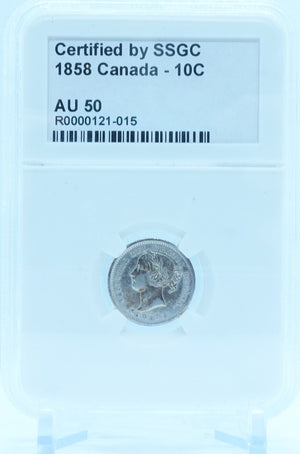 1858 10 CENT CANADA – AU 50 – GRADED