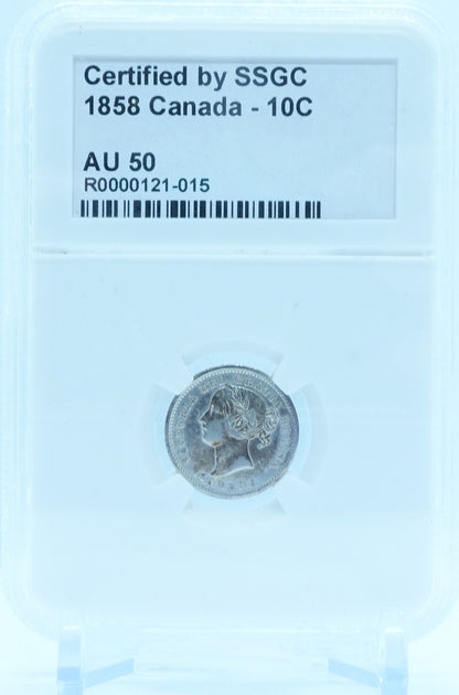 1858 10 CENT CANADA – AU 50 – GRADED