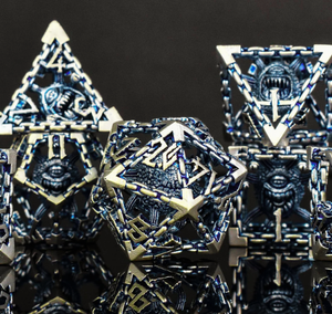 BEHOLDER'S GATES HOLLOW METAL DICE SET - (LIGHT) BLUE AND SILVER