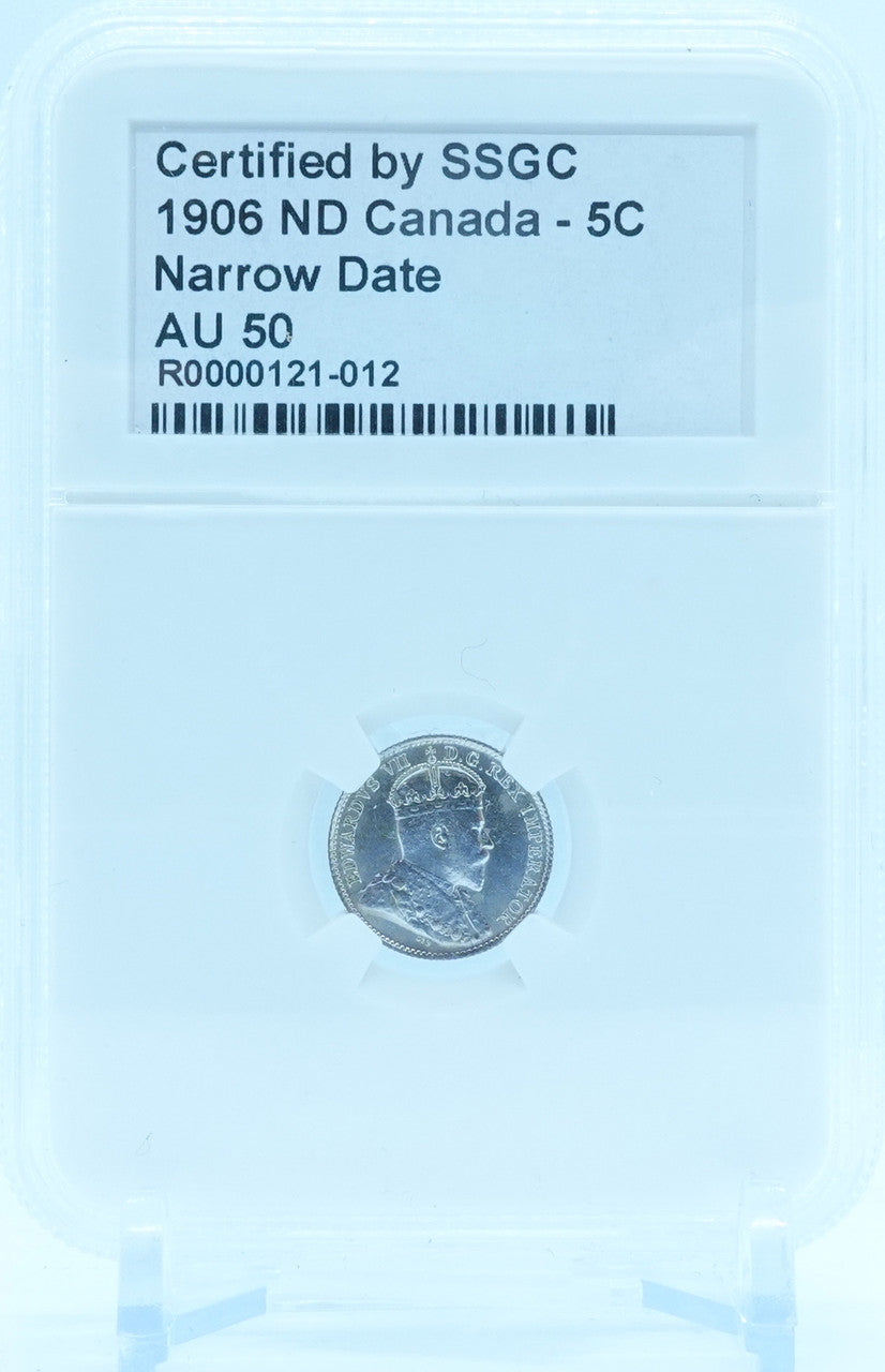 1906 5 CENT CANADA ND NARROW DATE – AU 50 – GRADED