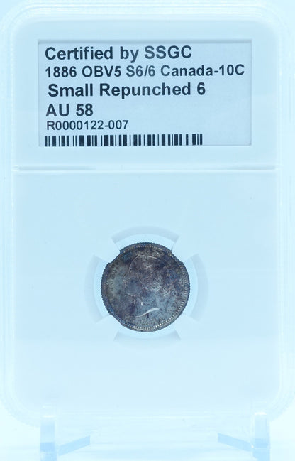 1886 10 CENT CANADA OBV5 S6/6 SMALL REPUNCHED 6 – AU 58 – GRADED