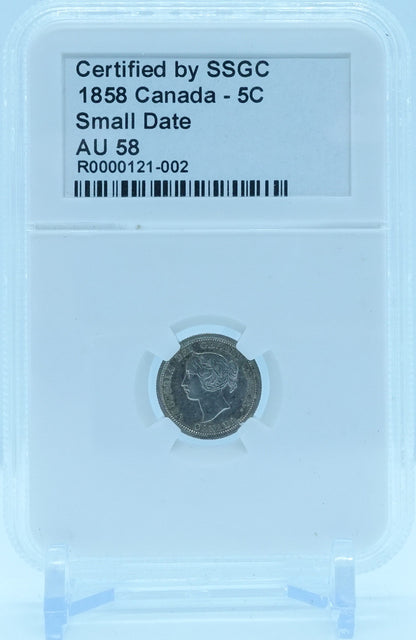 1858 5 CENT CANADA SMALL DATE – AU 58 - GRADED