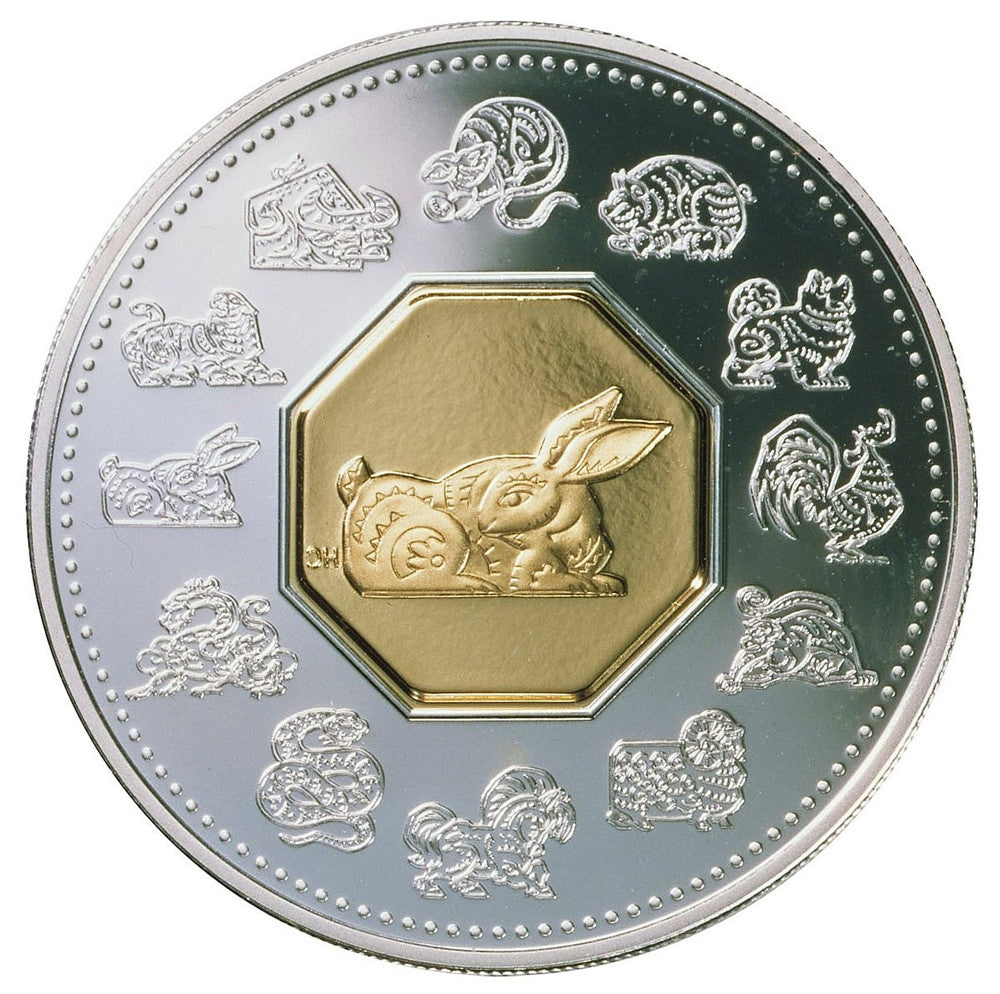 1999 1oz $15 LUNAR STERLING SILVER & GOLD COIN - YEAR OF THE RABBIT
