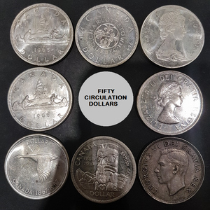 50 CANADA CIRCULATION SILVER DOLLARS (PRE 1967) (80% PURE)