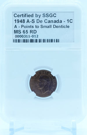 1948 1 CENT CANADA A-S DE A-POINTS TO SMALL DENTICLE – MS 65 RD – GRADED
