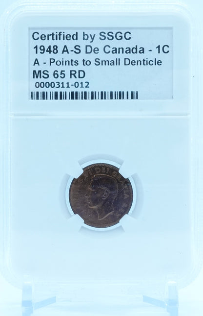 1948 1 CENT CANADA A-S DE A-POINTS TO SMALL DENTICLE – MS 65 RD – GRADED