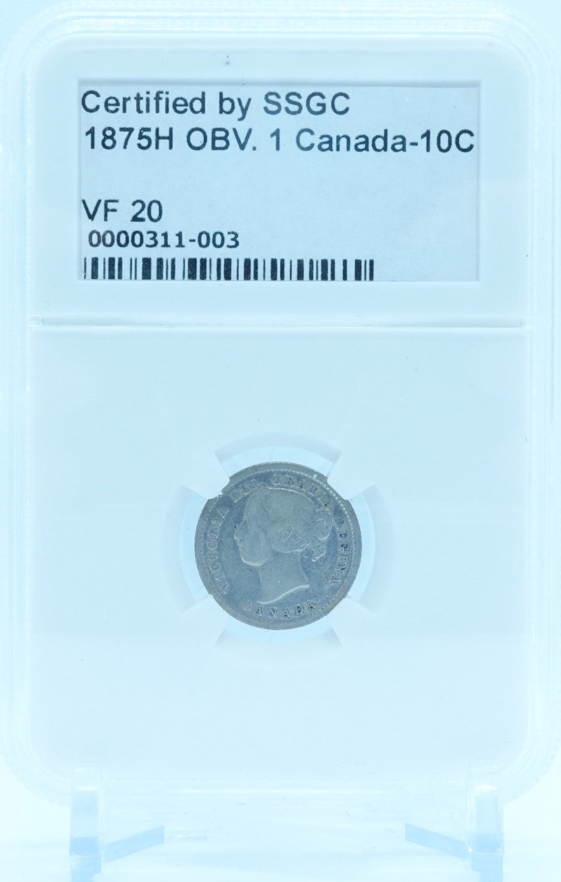 1875H 10 CENT CANADA OBV.1 – VF 20 – GRADED