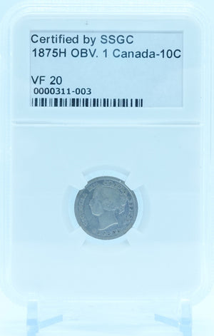 1875H 10 CENT CANADA OBV.1 – VF 20 – GRADED
