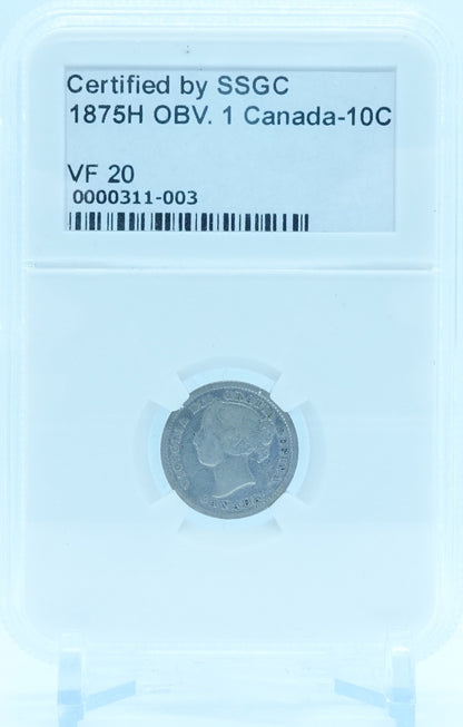 1875H 10 CENT CANADA OBV.1 – VF 20 – GRADED