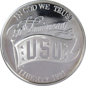 1991 $1 THE USO 50TH ANNIVERSARY COMMEMORATIVE COIN (SILVER PROOF)