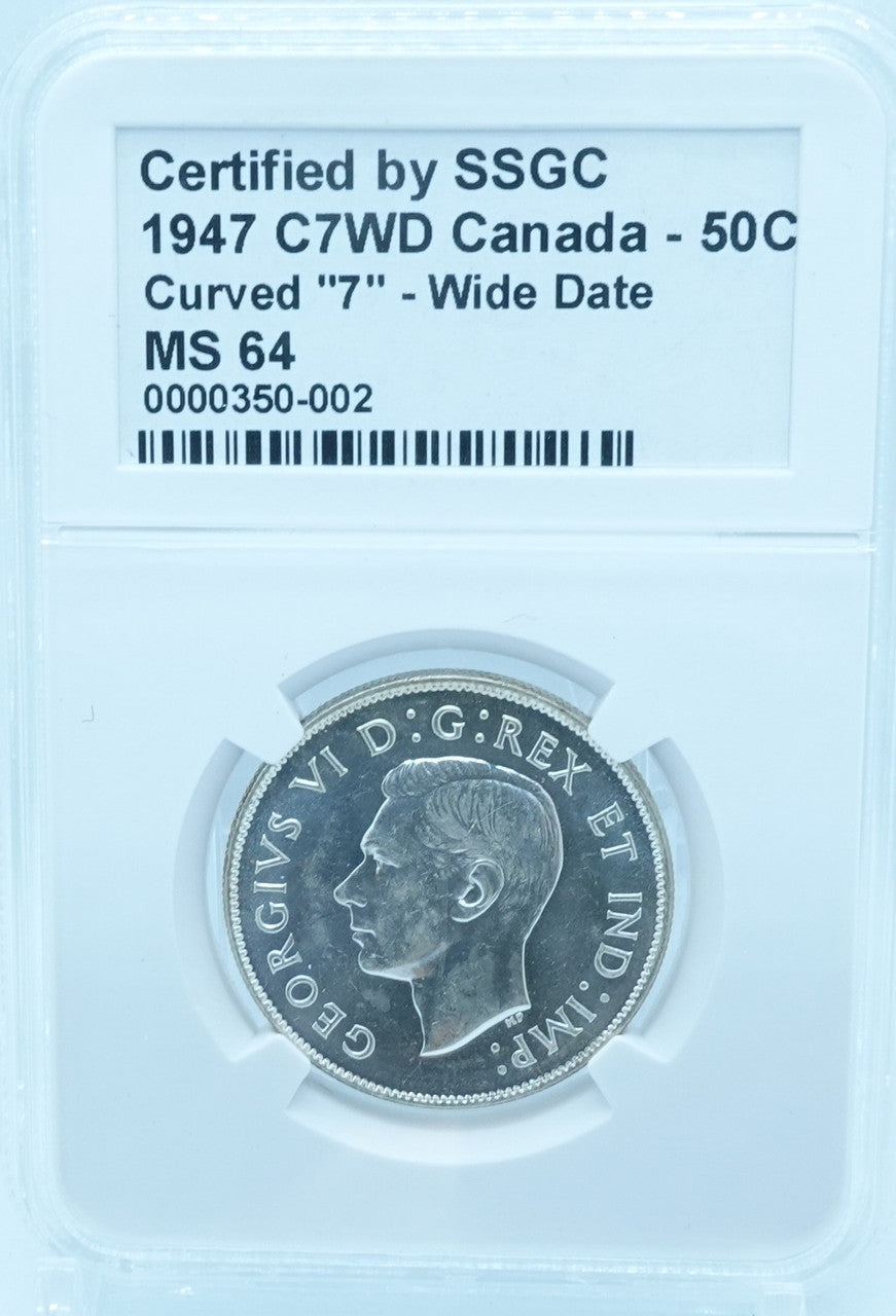 1947 50 CENT CANADA C7WD – CURVED “7” – WIDE DATE – MS 64 – GRADED (350-001/350-002)