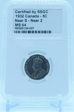 1932 5 CENT CANADA NEAR S – NEAR 2 – MS 64 - GRADED