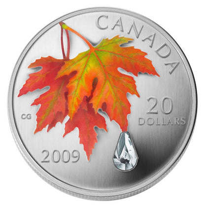 2009 1oz $20 AUTUMN SHOWERS CRYSTAL RAINDROP FINE SILVER COIN