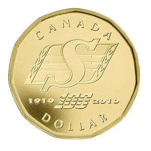 2010 SASKATCHEWAN ROUGHRIDERS POP UP FOOTBALL HELMET WITH DOLLAR (GOLD PLATED) (LIMITED TO 15000)