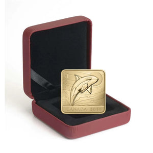 2011 $3 SQUARE SHAPED GOLD PLATED SILVER COIN - ORCA WHALE - WILDLIFE CONSERVATION (NO BEAUTY BOX)