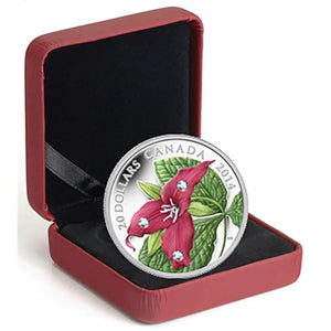 2014 1oz $20 RED TRILLIUM WITH CRYSTAL DEW DROP ELEMENTS FINE SILVER COIN