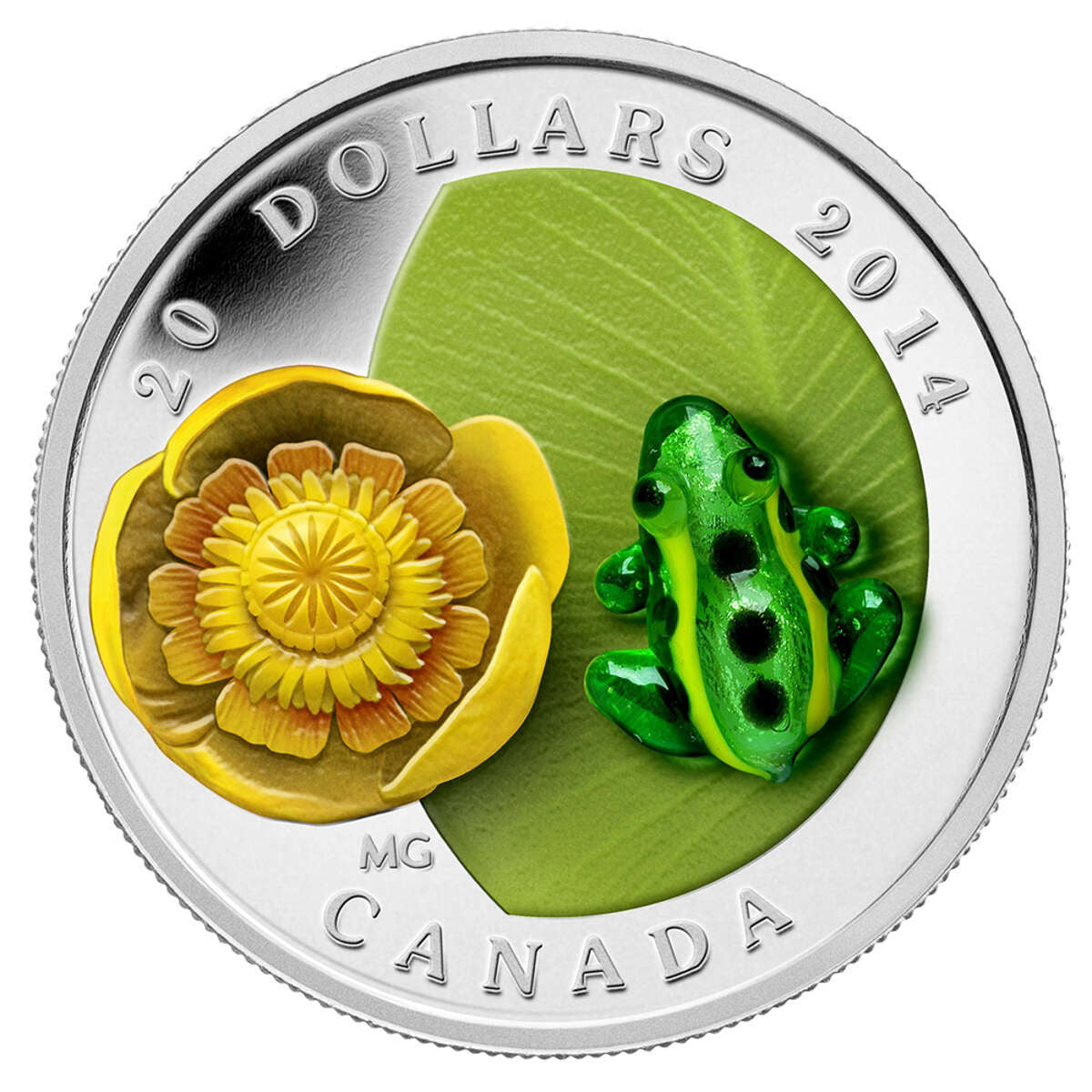 2014 1oz $20 WATER-LILY AND VENETIAN GLASS LEOPARD FROG FINE SILVER COIN