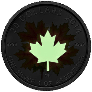 2014 1oz $20 PURE SILVER GLOW IN THE DARK COIN - MAPLE LEAVES