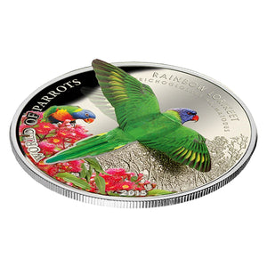 2015 1oz $5 WORLD OF PARROTS: RAINBOW LORIKEET - STERLING SILVER COIN