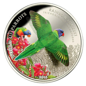 2015 1oz $5 WORLD OF PARROTS: RAINBOW LORIKEET - STERLING SILVER COIN
