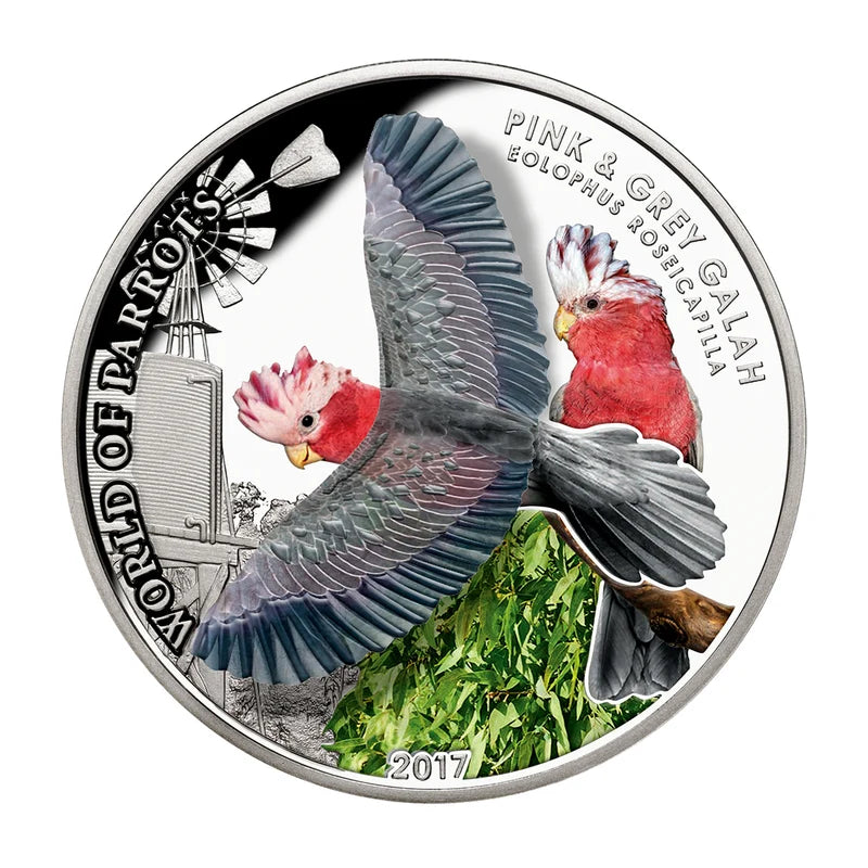 2017 $5 1oz WORLD OF PARROTS: PINK & GREY GALAH STERLING SILVER COIN