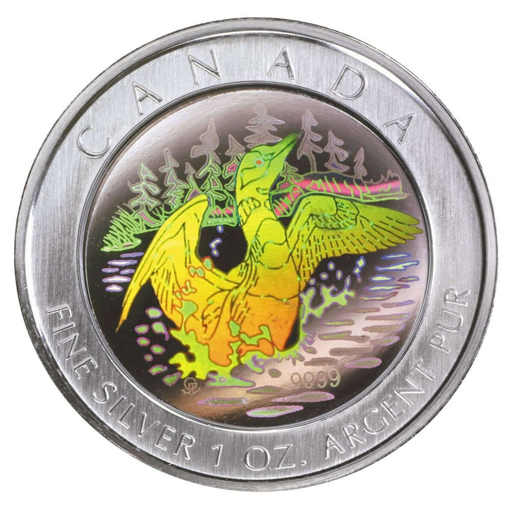 2002 1oz $5 ANNIVERSARY LOON HOLOGRAM PURE SILVER COIN