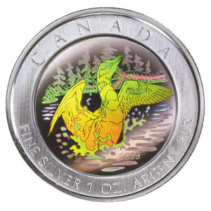 2002 1oz $5 ANNIVERSARY LOON HOLOGRAM PURE SILVER COIN