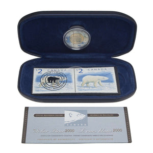 2000 $2 COIN AND STAMP POLAR BEAR PATH TO KNOWLEDGE SILVER PROOF MILLENNIUM COIN