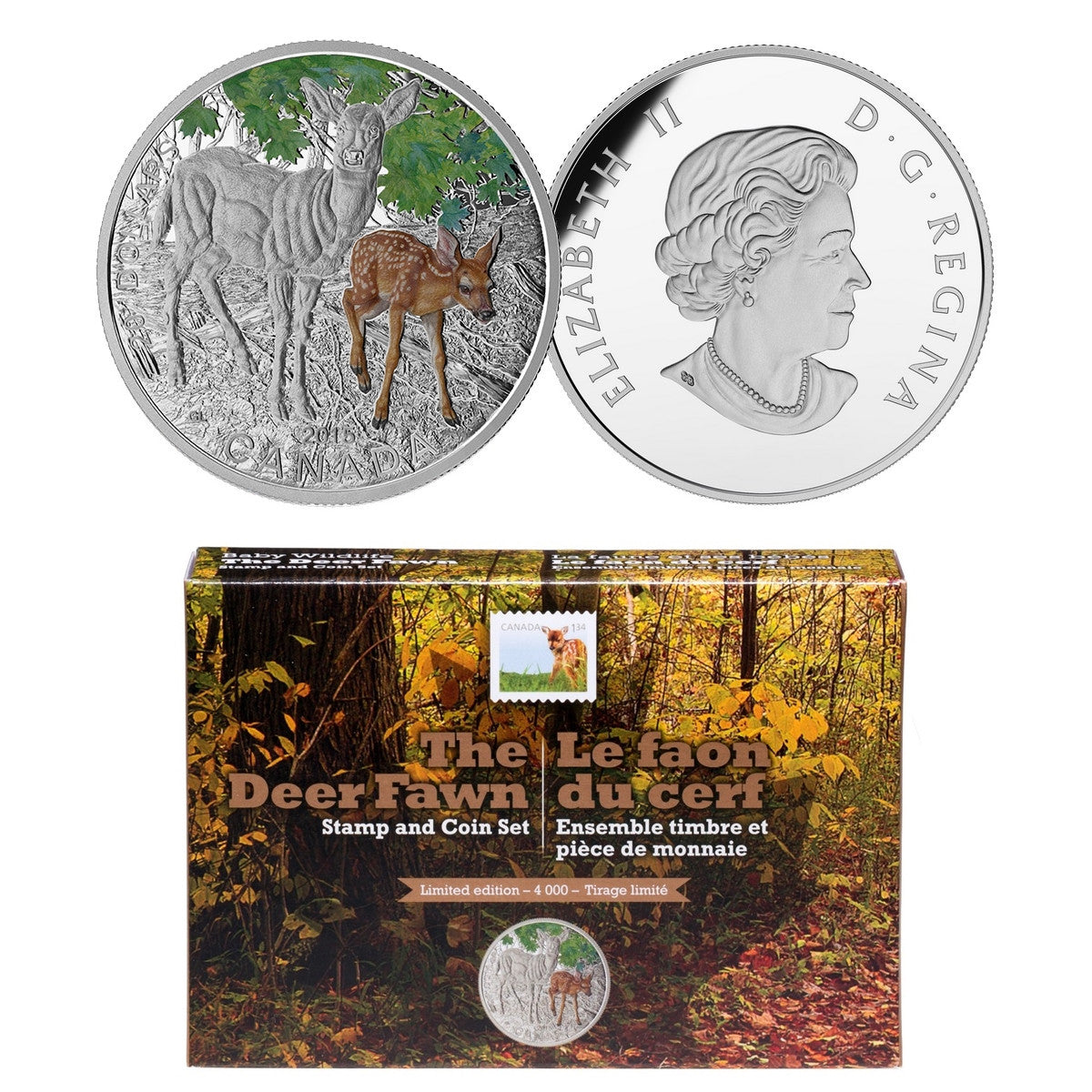 2015 1oz $20 THE DEER FAWN, COIN AND STAMP SET FINE SILVER