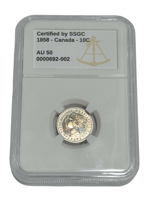 1858 10 CENT CANADA – AU 50 – GRADED