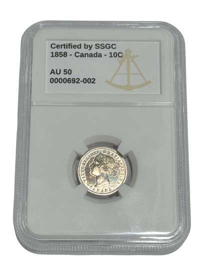 1858 10 CENT CANADA – AU 50 – GRADED