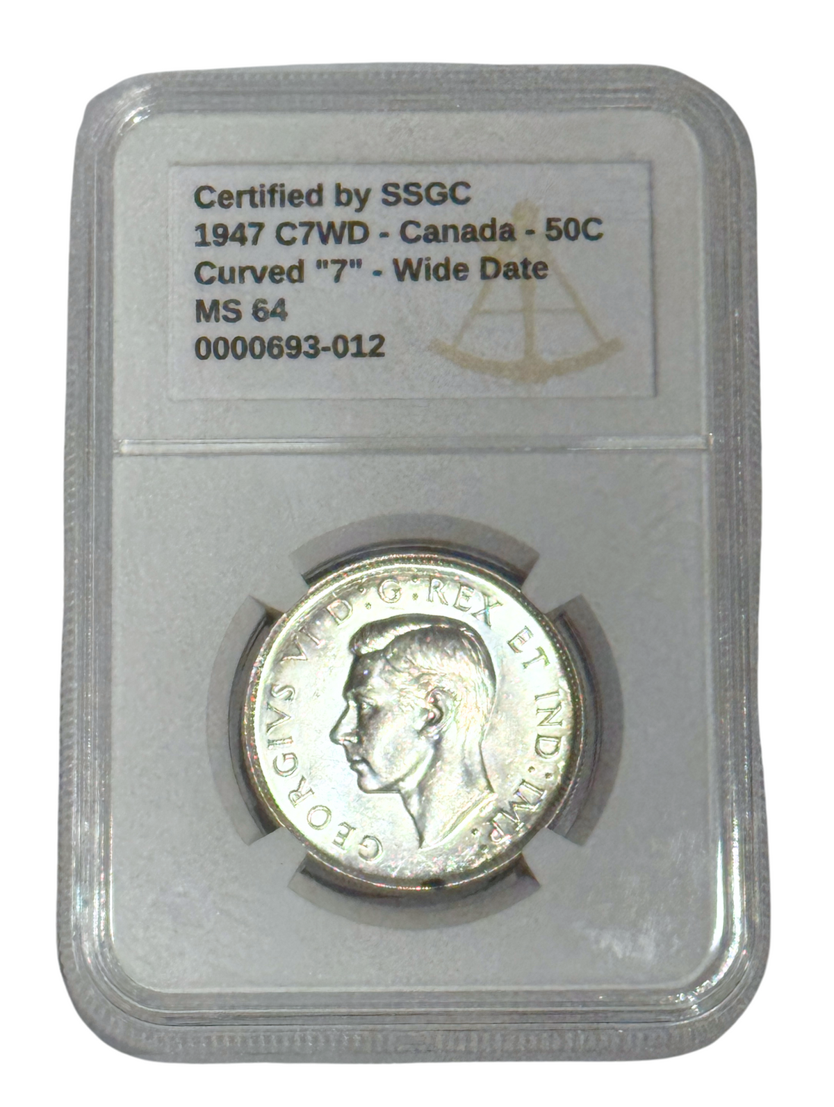1947 50 CENT CANADA C7WD – CURVED “7” – WIDE DATE – MS 64 – GRADED (350-001/350-002)
