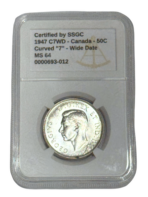 1947 50 CENT CANADA C7WD – CURVED “7” – WIDE DATE – MS 64 – GRADED (350-001/350-002)